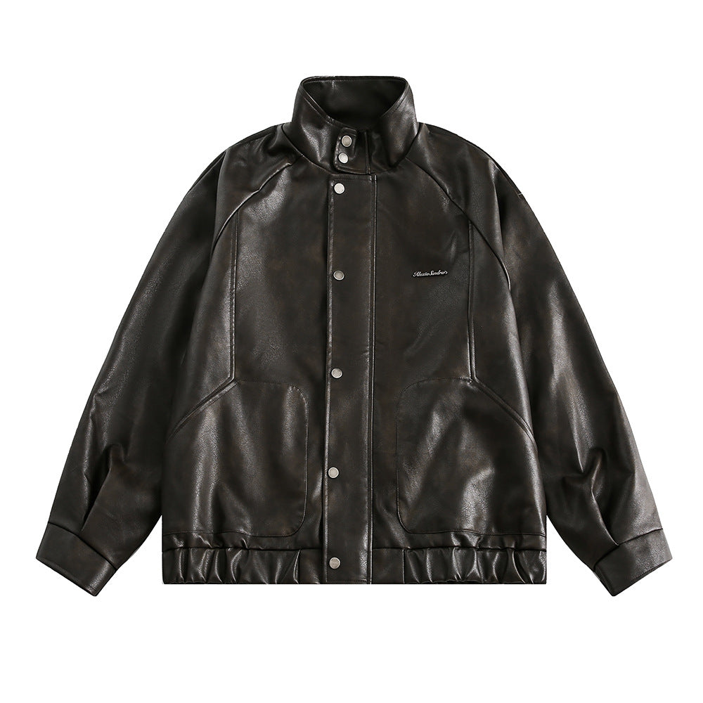 Solid Color Leather Clothing With Stand Collar Coat For Men Spring And Autumn