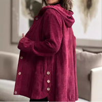 Women's Corduroy Hooded Jacket Fashion Warm Pockets Button Mid-length Top Casual Fall Winter Outwear Clothing