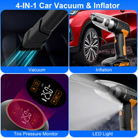 1Pc 4 In 1 Cordless Car Vacuum Cleaner And Tire Inflator With LED Light Digital Display Tire Pressure Gauge 150PSI Rechargeable Air Compressor Pump Essential Car Accessories
